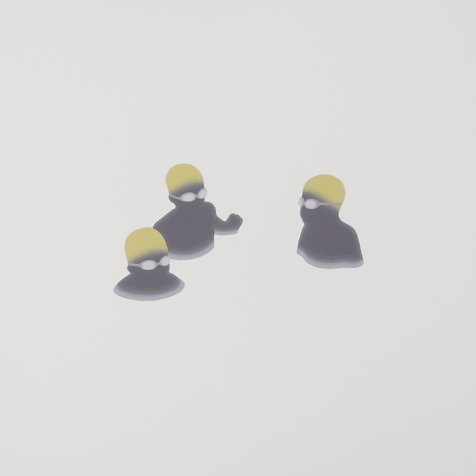 黄色い水泳帽とゴーグルを着けた3人の水泳選手を描いたSwimming